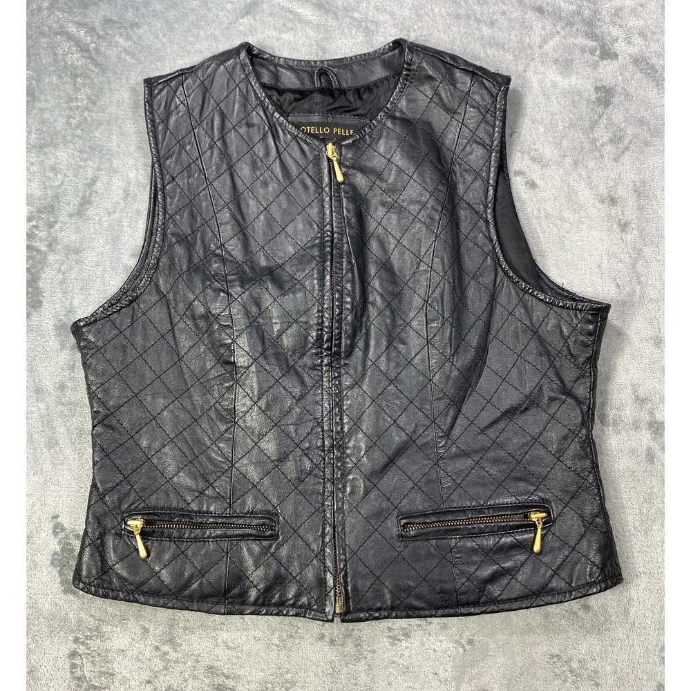Otello Pelle 100% Leather Vest Womens LPockets Full Zip Quilted Diamond Stitch